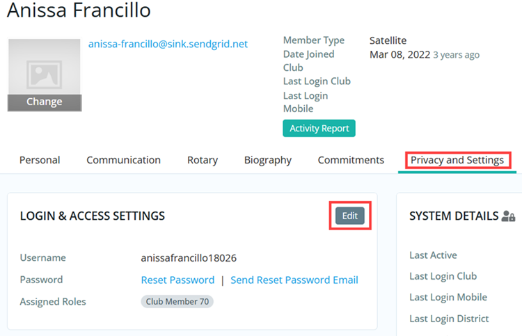 Edit Login and Access settings