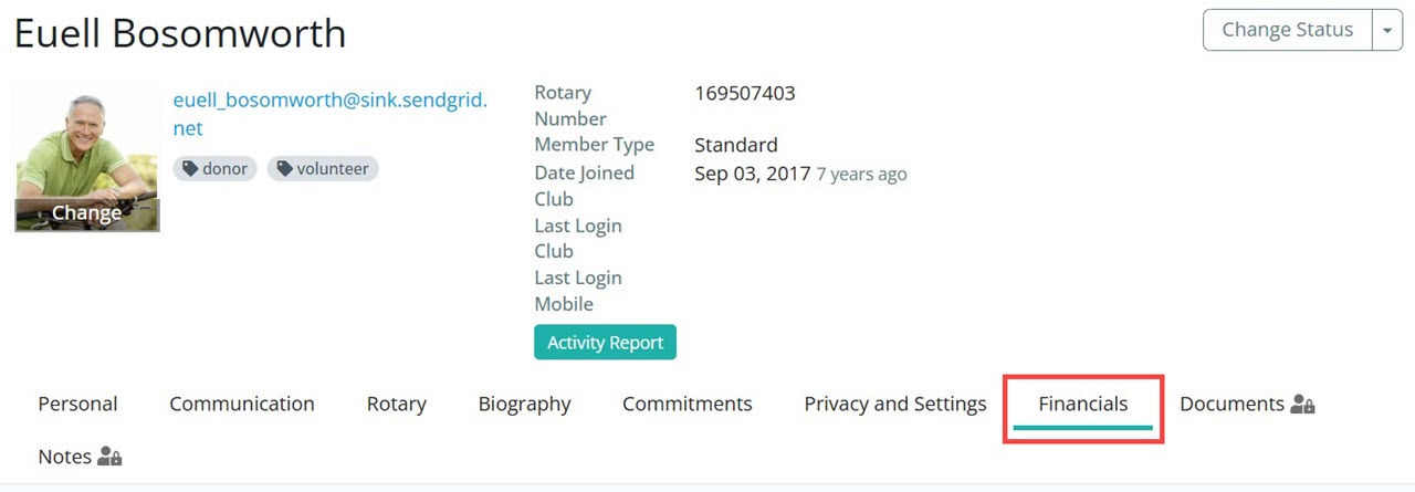 Financials tab on member's profile