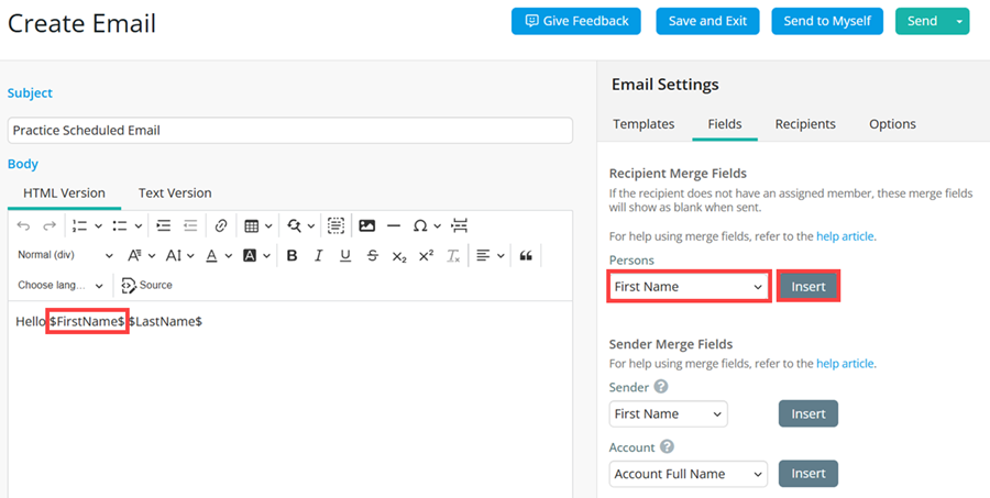 Email and merge fields example